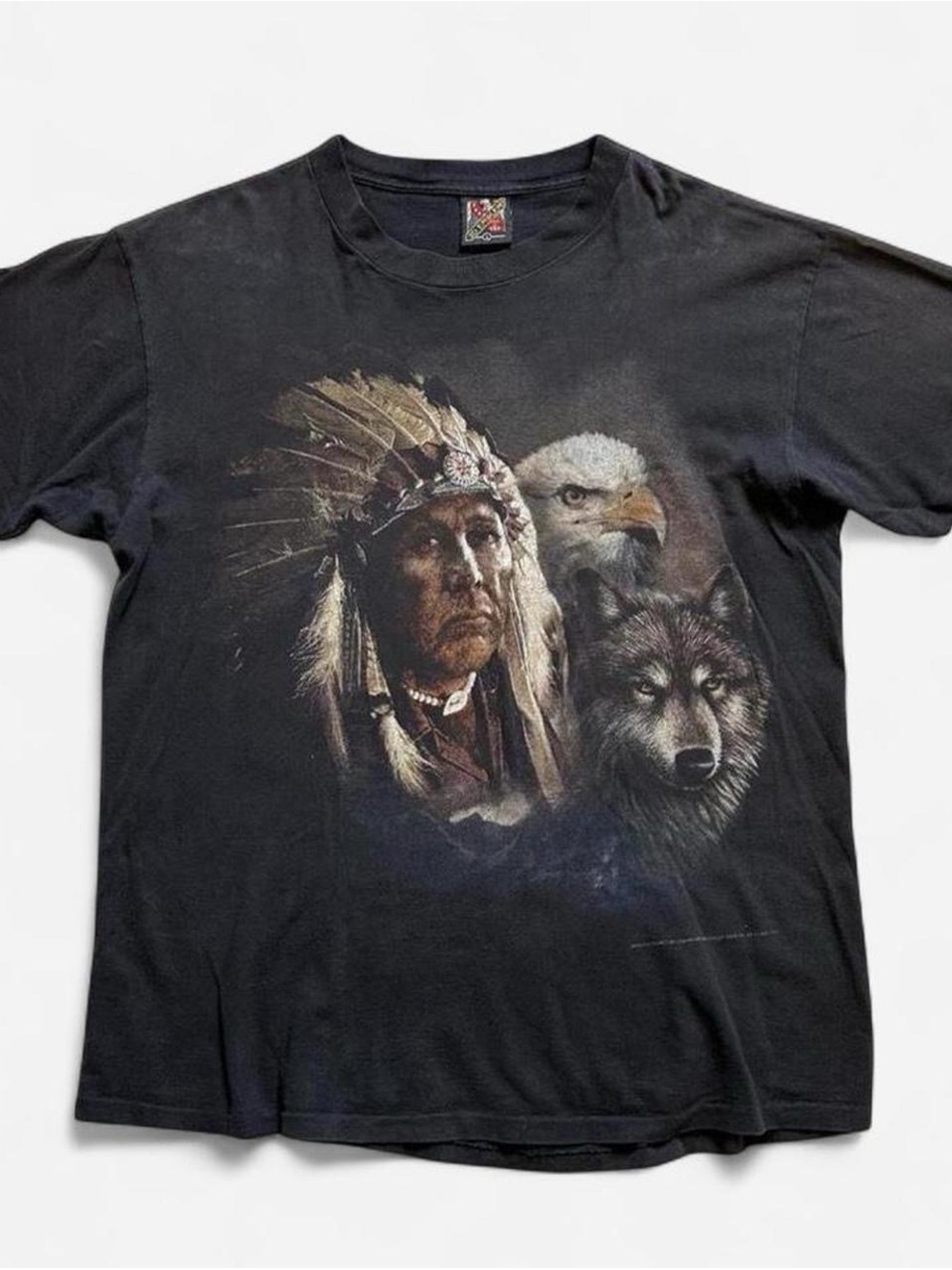 Vintage 1990s 3D Emblem Black Graphic Tee with Native Chief, Eagle & Wolf L